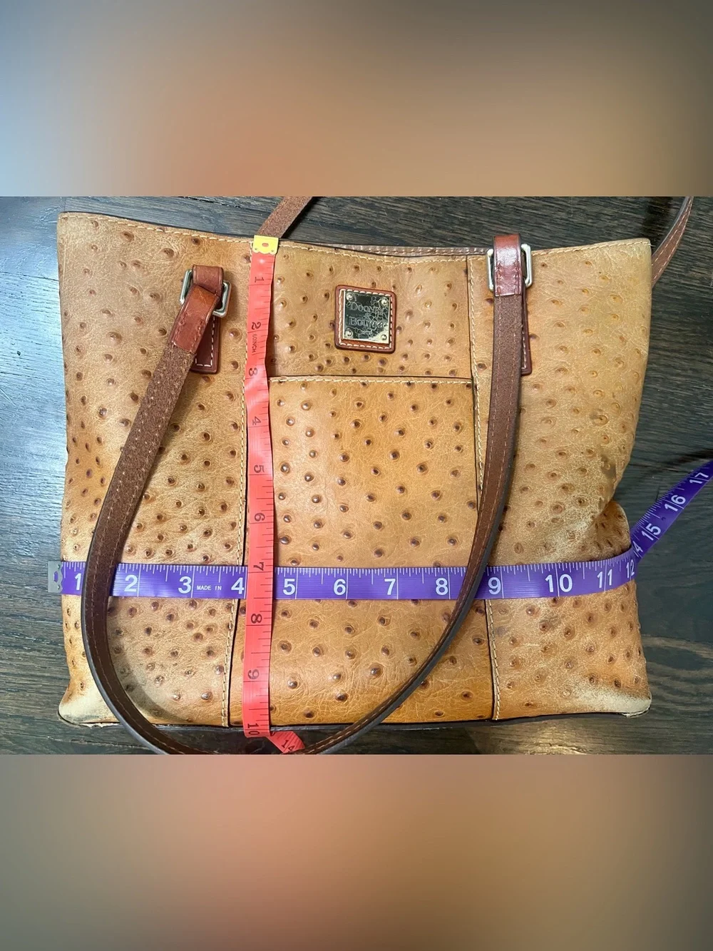 Vintage Dooney & Bourke Ostrich Embossed Leather Tote Shoulder Bag British Tan